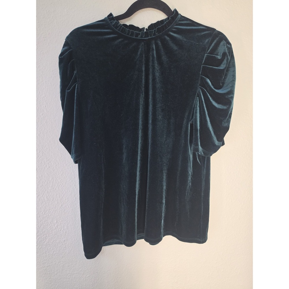 CeCe Women's Collared Top Size L Dark Green Solid Short Sleeve Blouse Shirt